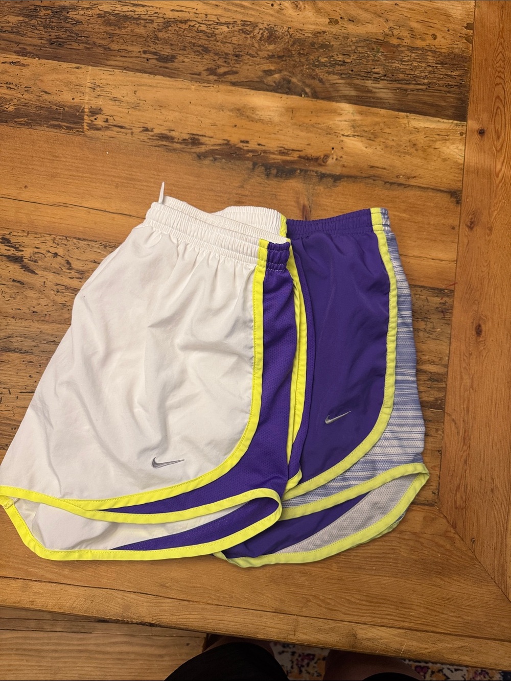 Nike Women's White and Purple Athletic Shorts (2) with Yellow Trim